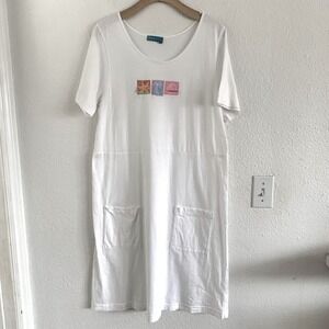 Fresh Produce Womens White Cotton Graphic T-Shirt Dress Pockets USA Made Medium